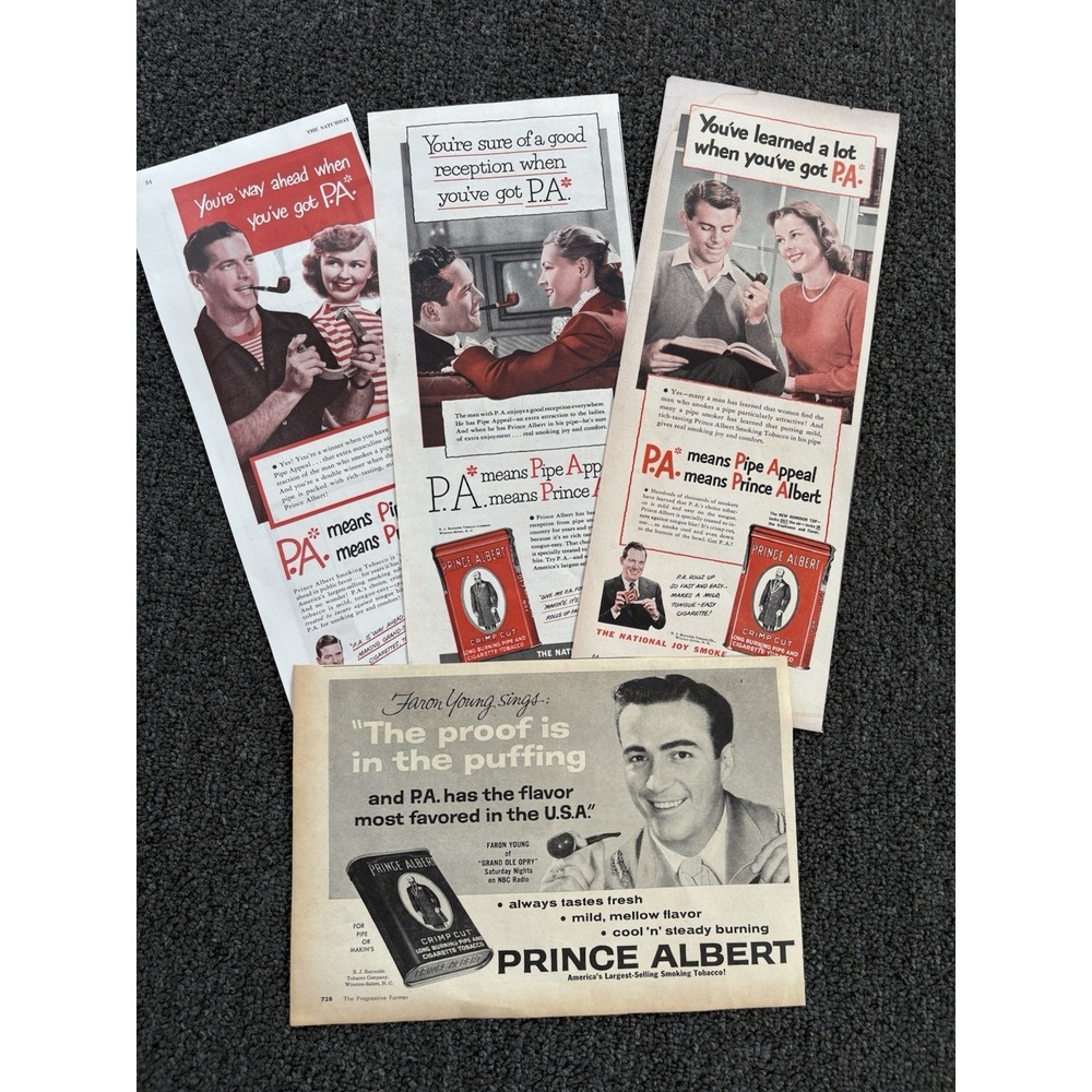 Lot 4 Vintage Prince Albert Pipe Tobacco Print Ads 1950s Faron Young